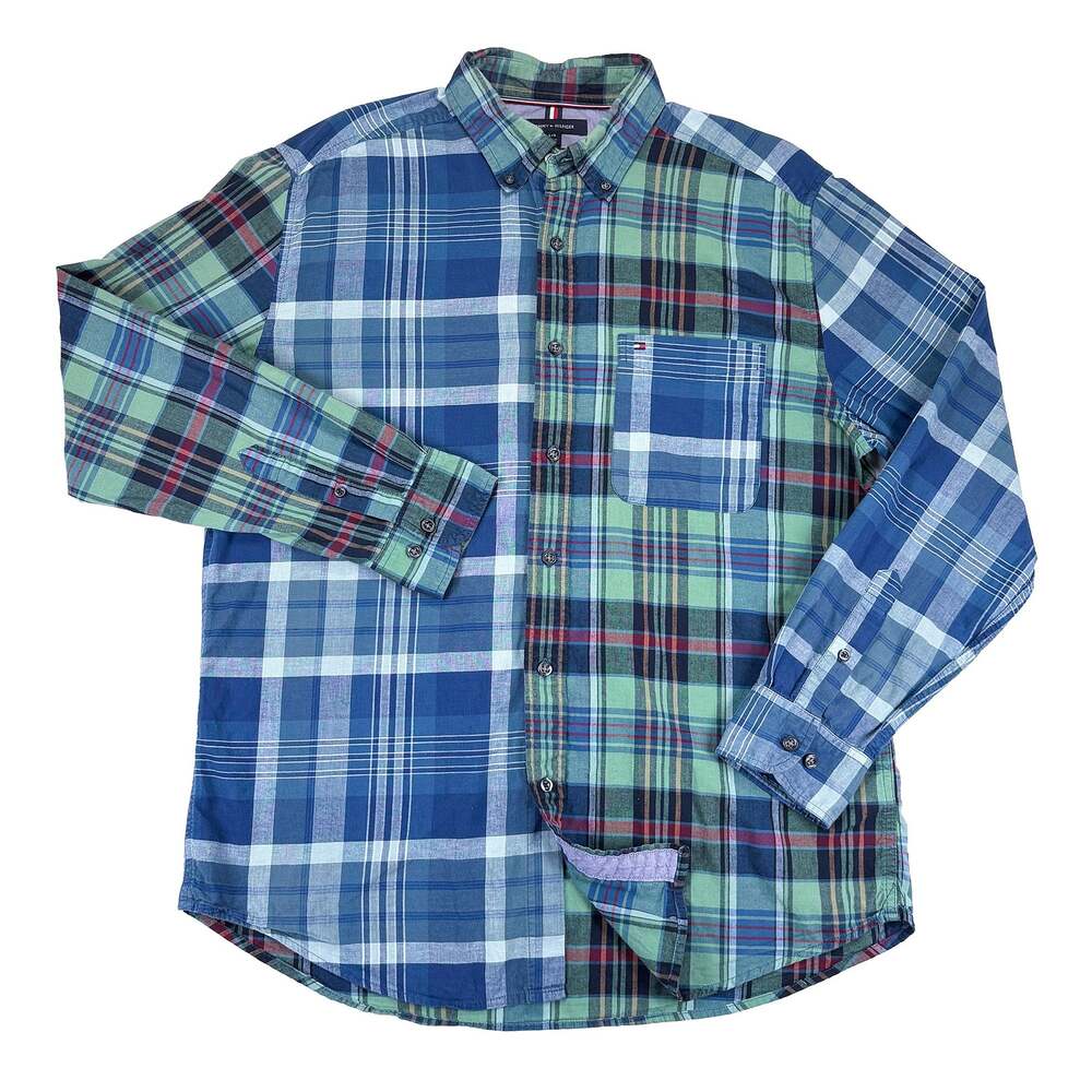 Tommy Hilfiger Patchwork Plaid Shirt Men L Blue Green Preppy Ivy Heritage